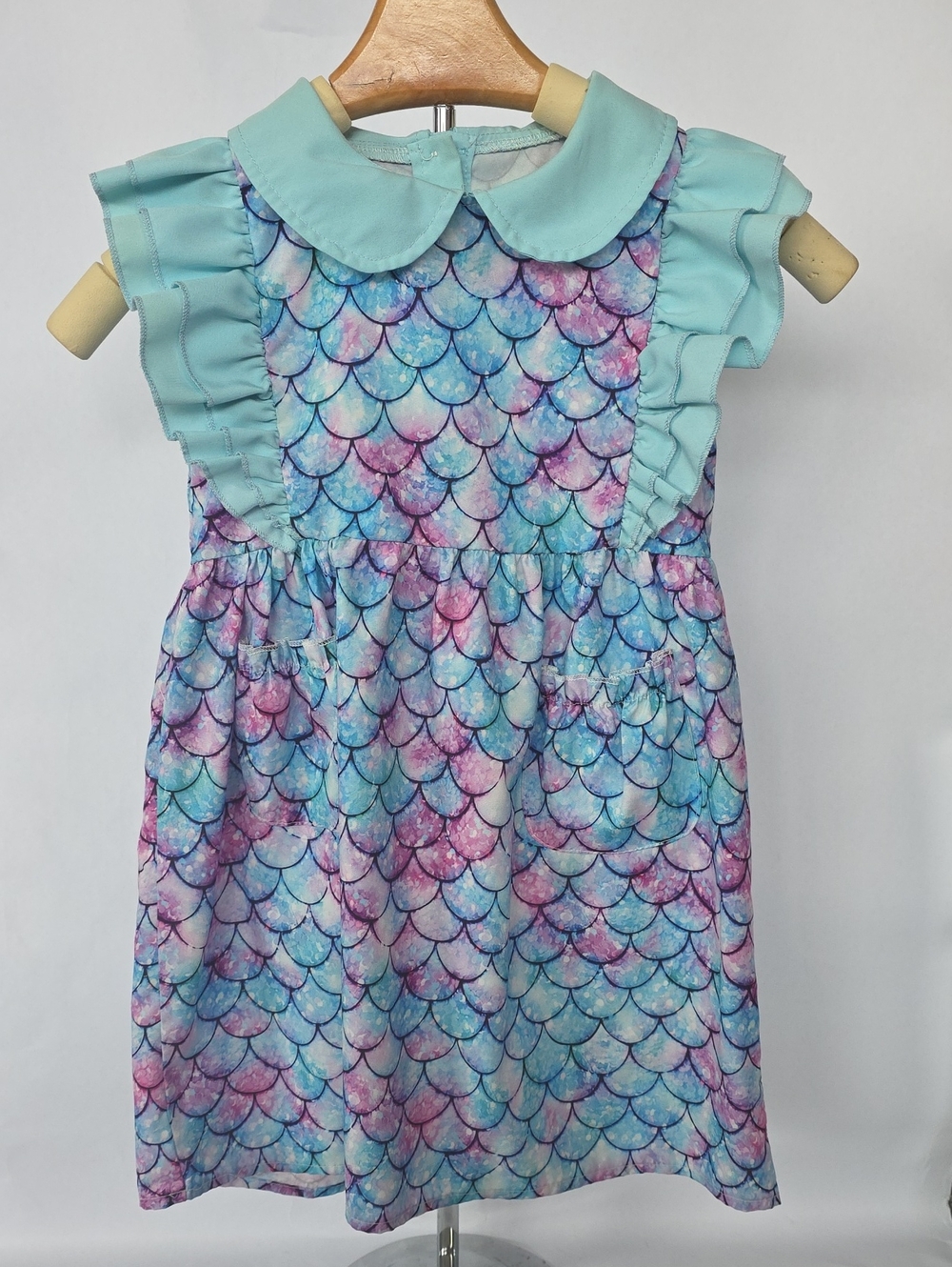 Girls' Mermaid Scale Ruffle Dress with Peter Pan Collar - Aqua Multi